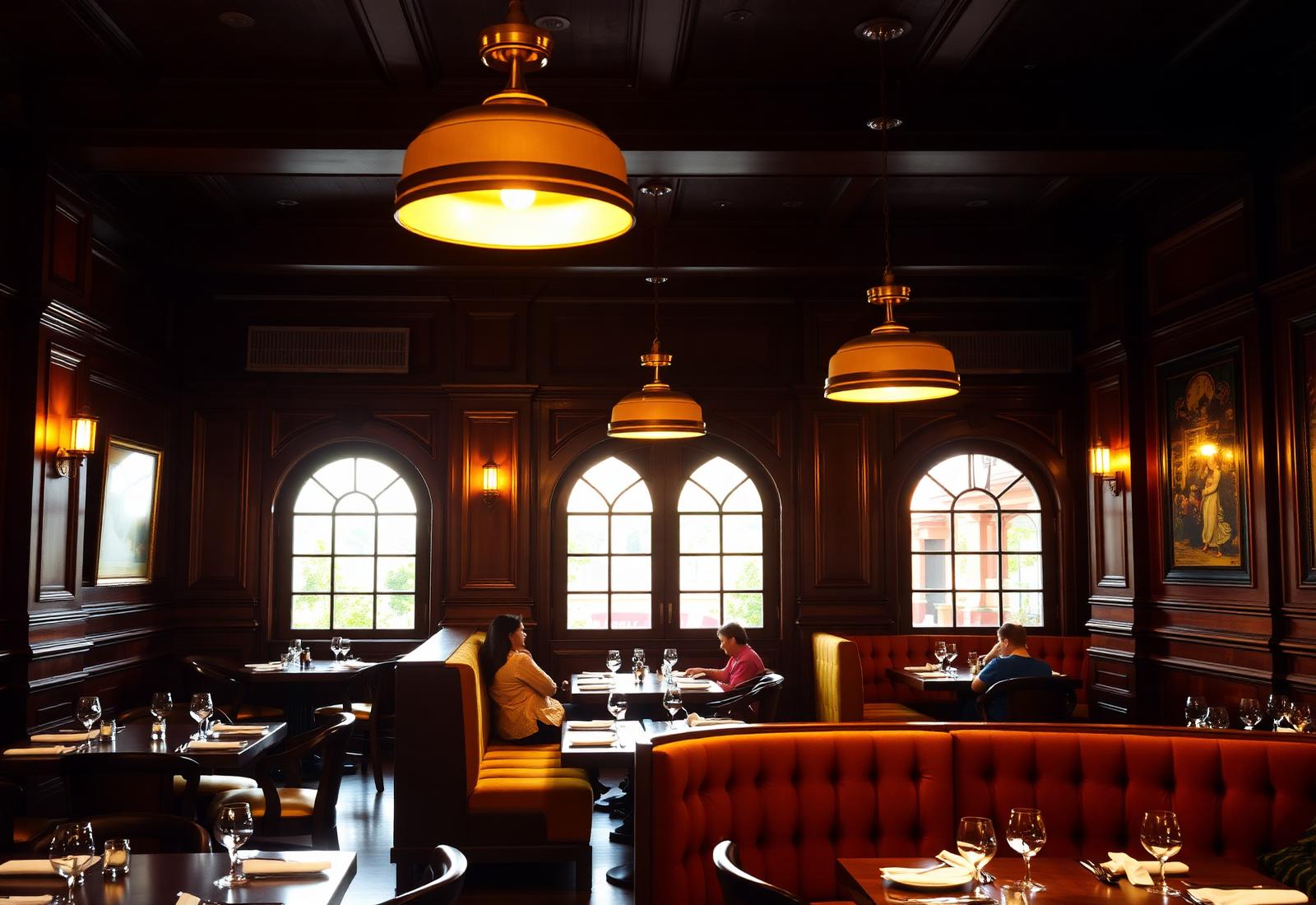 Warm restaurant interior with brass lamps