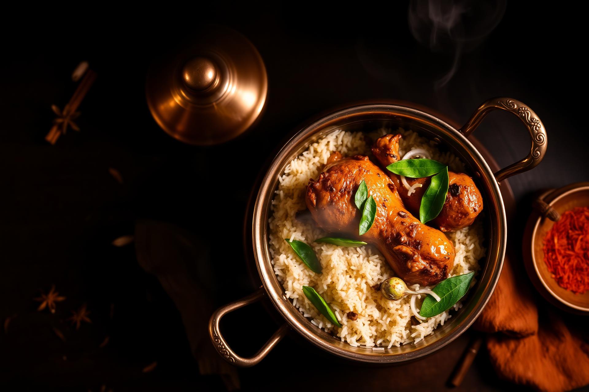 Thalassery chicken dum biriyani in a copper pot with fresh spices