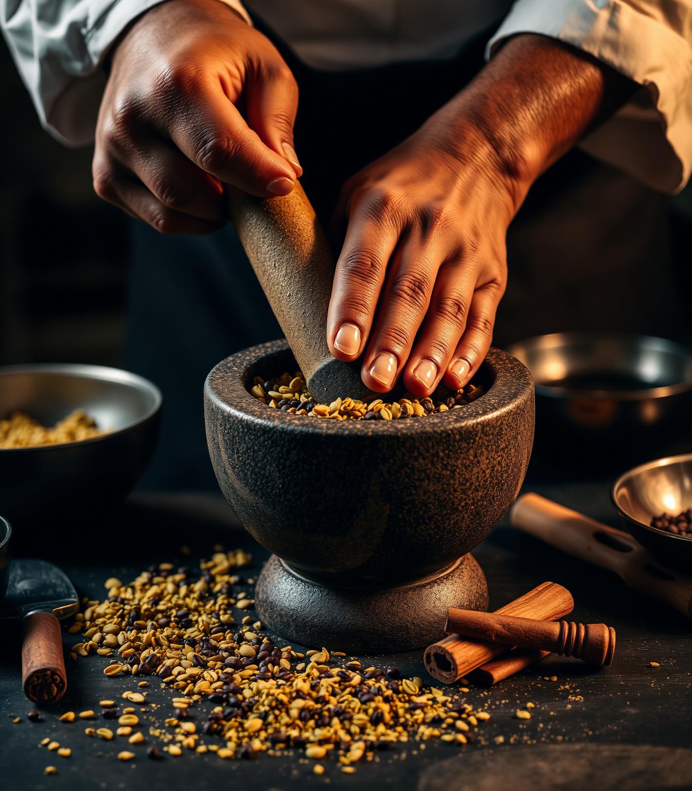 Chef hands grinding fresh spices in stone mortar
